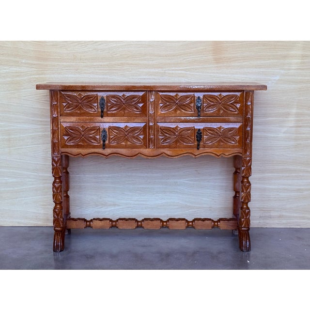 19th Century Catalan Spanish Carved Walnut Console Sofa Table, Four Drawers For Sale - Image 16 of 18