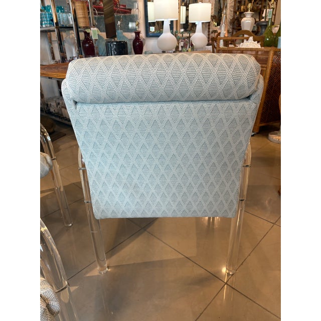 Vintage Set of 6 Lucite Arm Dining Chairs by Preview Newly Upholstered Coastal For Sale - Image 9 of 12