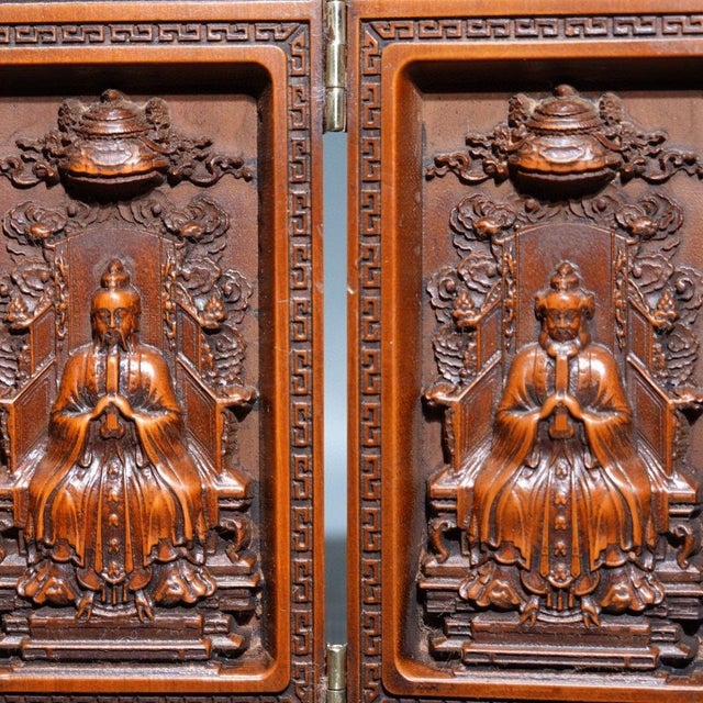 Vintage Carved Boxwood Four-Panel Miniature Folding Screen - Deities & Calligraphy For Sale - Image 4 of 9