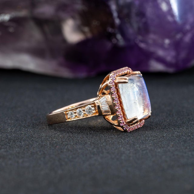 5.9Ct Rainbow Moonstone Ring With Diamond & Pink Sapphire Accents: 14k Gold Ring For Sale In Columbus - Image 6 of 9