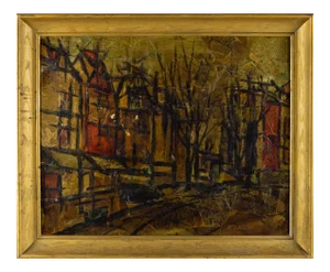 Mid Century d'Lanor Abstract Cityscape Oil on Canvas Painting