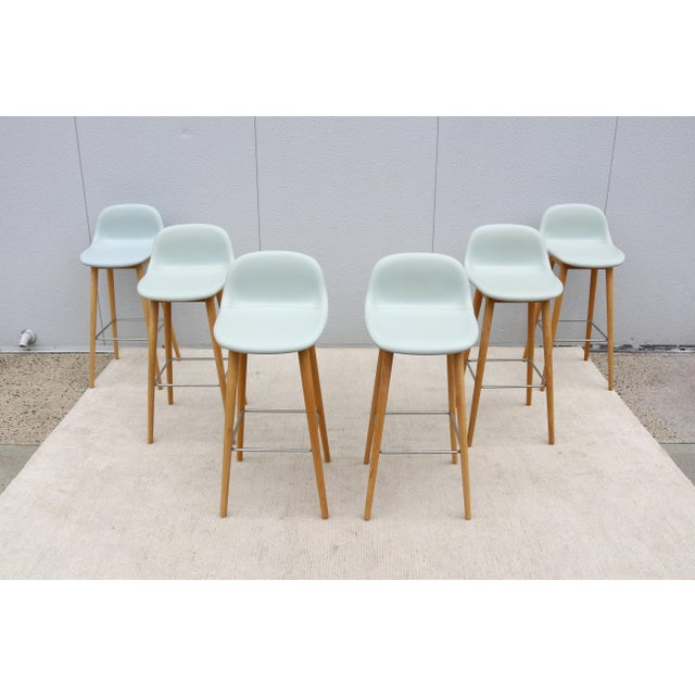 Danish Iskos-Berlin for Muuto Blue Leather Fiber Bar Stools Wood Base - Set of 6 For Sale - Image 10 of 18