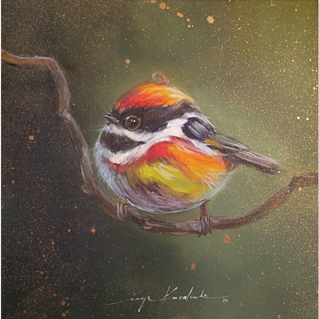 Original Oil Paintings, Songbirds on Gold-Flecked Ground — Set of 3, Signed For Sale - Image 4 of 5