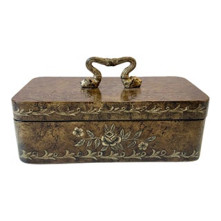 Vintage Lacquered Decoupage Box With Lion Head Handle For Sale