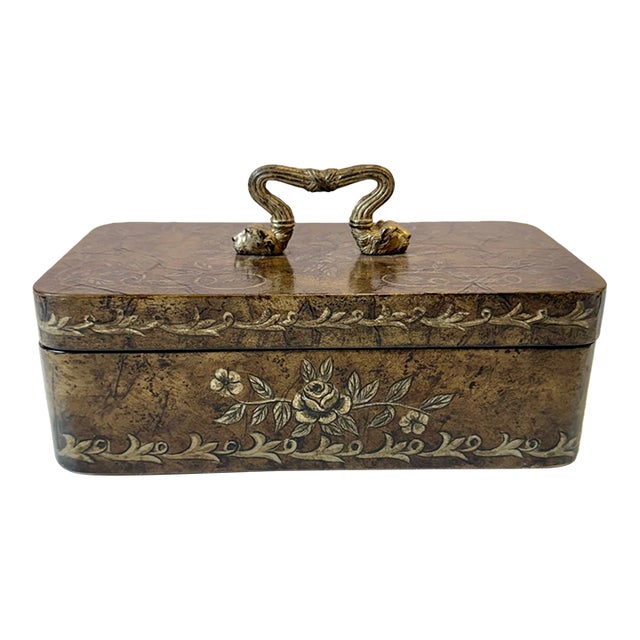 Vintage Lacquered Decoupage Box With Lion Head Handle For Sale
