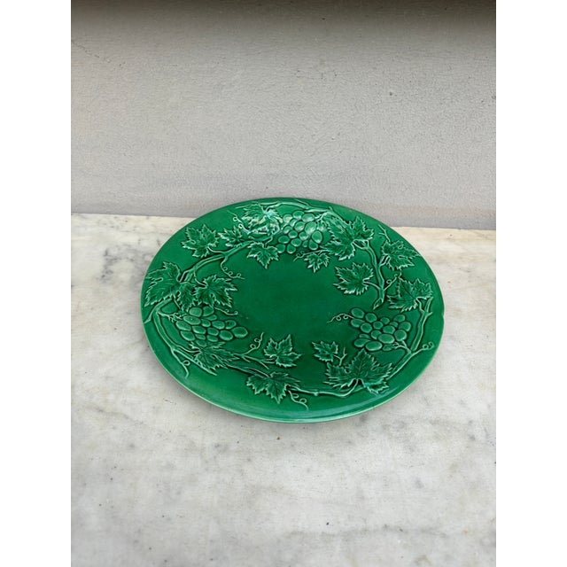 French Green Majolica Grapes Plate , circa 1880. 9 inches diameter.