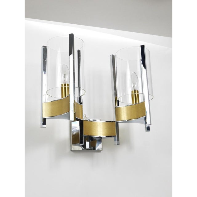 Large Wall Sconces in Chrome, Brass and Glass attributed to Gaetano Sciolari, 1970s, Set of 2 For Sale - Image 15 of 18