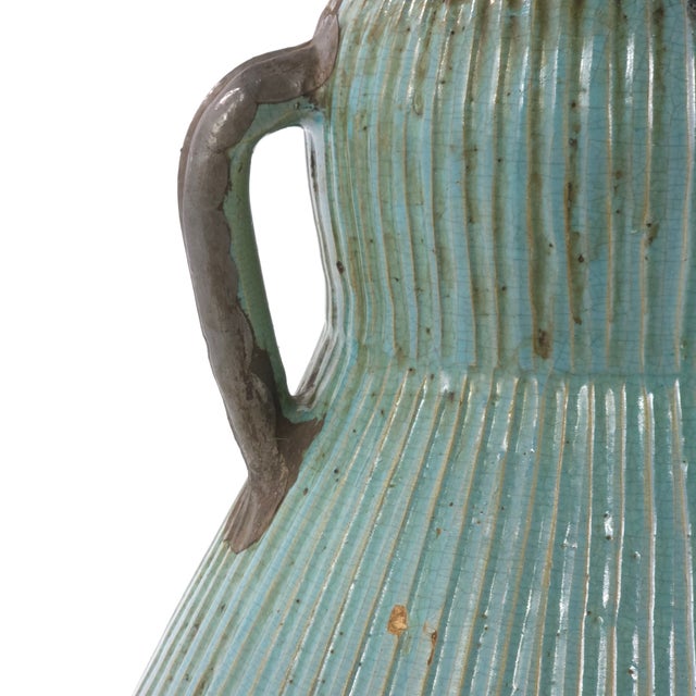 Turquoise Pair Large Moroccan Turquoise Crackle Glaze Lidded Ceramic Urns For Sale - Image 8 of 12