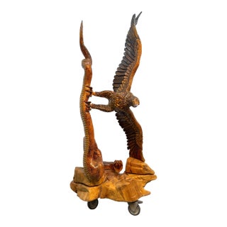 Hand-Carved Eagle & Serpent Wood Sculpture For Sale