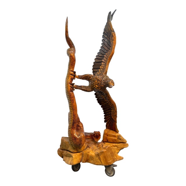 Hand-Carved Eagle & Serpent Wood Sculpture For Sale
