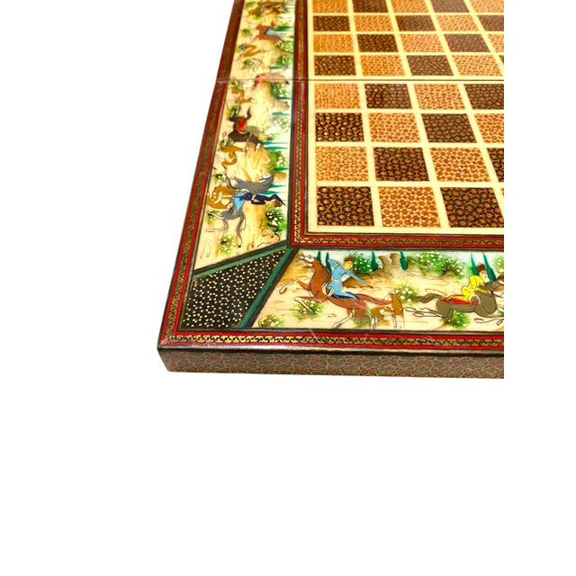 Persian Khatam Chess Board With Micro-Mosaic and Handpainted Decoration and Backgammon Board For Sale - Image 11 of 18
