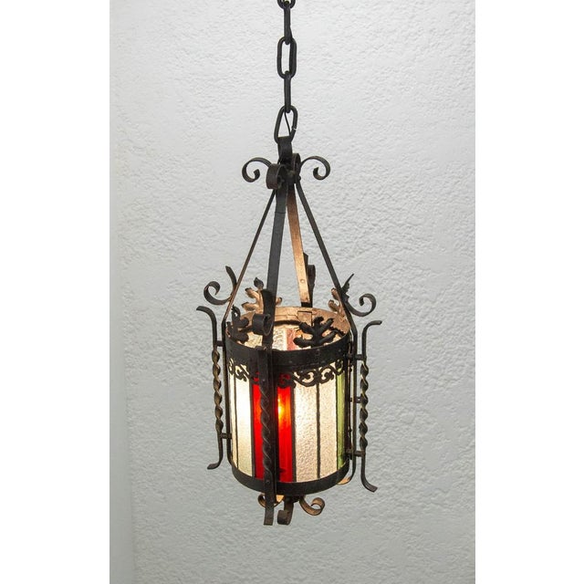 French Lustre Colored Glass & Wrought Iron Pendant Light, Late 19th Century For Sale - Image 5 of 14