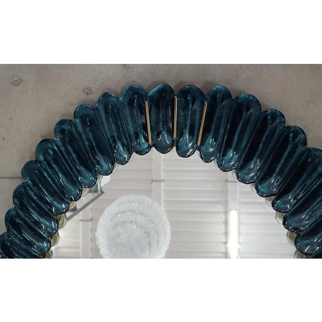 Blue Mid-Century Style Italian Oval Mirror in Murano Glass and Brass, 2000 For Sale - Image 8 of 10