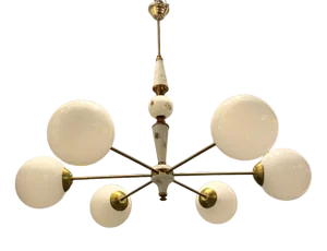 Sputnik 6-Light Chandelier in Opaline Glass & Brass, 1960s