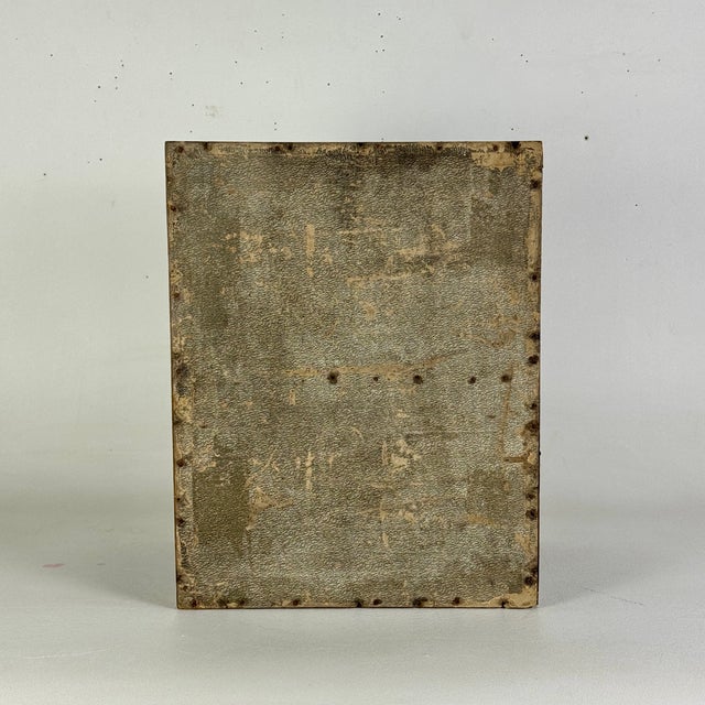 Early 20th C. Antique Six Drawers Desktop Office Cabinet With Remnant Embossed Patterned Paper Over Wood For Sale - Image 15 of 16