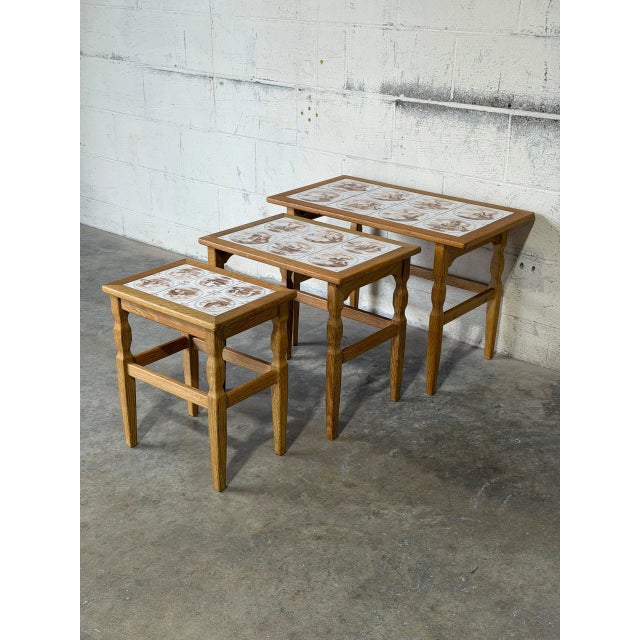 Oak Ceramic Tile-Top Nesting Tables Set of 3 Brown Scenic Windmill Motif Vintage For Sale - Image 9 of 11