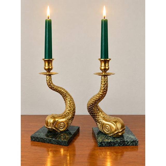 Vintage Antique Dolphin / Fish Form Brass & Marble Candle Holders made of brass with antique style dolphin brass candle...