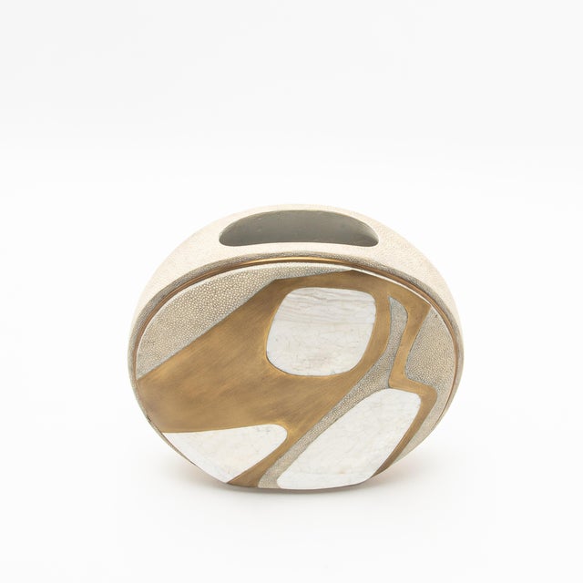 Metal Modern Vase in Shagreen With Mother of Pearl and Brass Details by R&y Augousti For Sale - Image 7 of 11