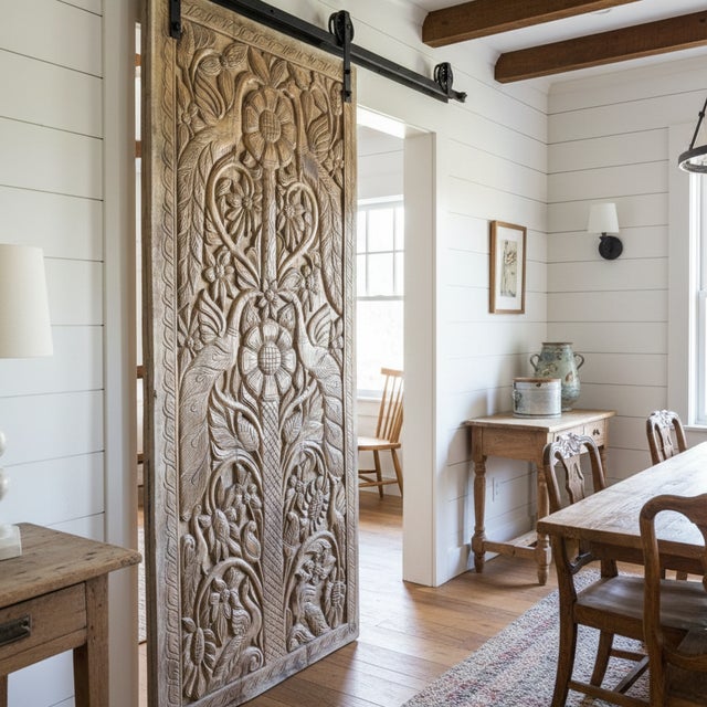 Vintage Hand-Carved Tree of Life Barn Door – Rustic Reclaimed Wood Statement Sliding Door 84x36 For Sale In Orlando - Image 6 of 6