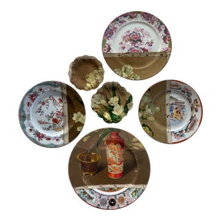 "The Japanese Vase" Contemporary Installation of Ceramic Plates and Oil on Canvas - Set of 6 For Sale