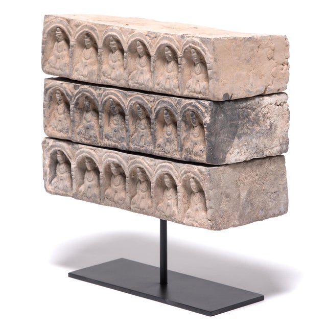 This stack of three molded ceramic tsa tsa bricks depict Buddhist deities. Each was a meditation created in a monastery by...
