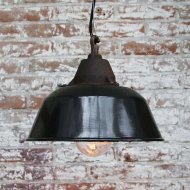 Vintage Industrial Black Enamel Pendant Lights in Cast Iron and Clear Glass For Sale - Image 4 of 5