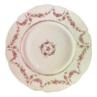 Limoge Scallop Edge White Plate With Pink Roses and Gold Accents For Sale