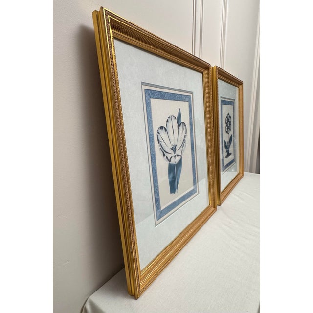 Blue Vintage Traditional Victorian Blue Floral Botanical Gold Framed Reproduction Prints, a Pair For Sale - Image 8 of 17