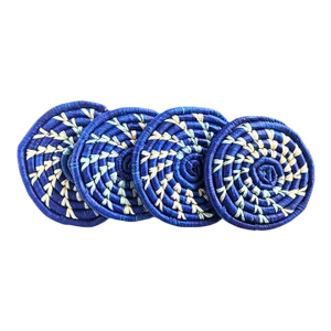 Blue Woven Raffia Drink Coasters- Set of 4