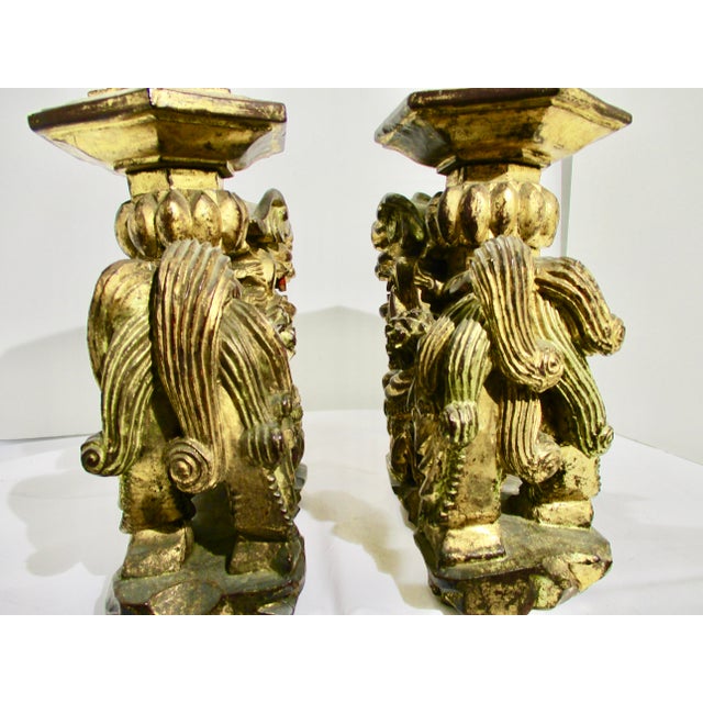 Mid 19th Century Chinese Gilt Foo Dogs Candle Stands 19th Century - A Pair of 2 For Sale - Image 5 of 12