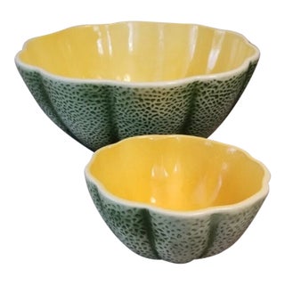 Vintage Pier 1 Green/Yellow Cantaloupe Melon Majolica Serving Bowls-Set of 2 For Sale