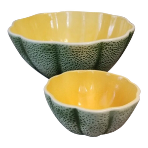 Vintage Pier 1 Green/Yellow Cantaloupe Melon Majolica Serving Bowls-Set of 2