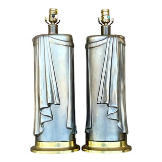 Vintage Regency 80s Chapman Glazed Ceramic Swag Table Lamps - a Pair For Sale