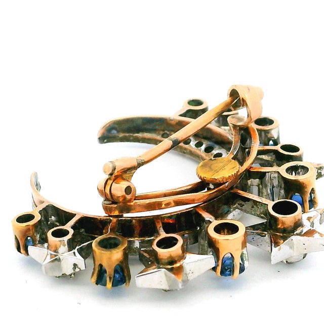 Victorian Diamond & Sapphire Crescent Moon Brooch in 18K Gold and Platinum For Sale - Image 14 of 16