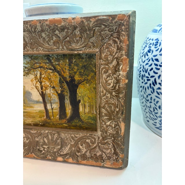 Vintage Mini Oil Wood Landscape Paintings in Distressed Ornate Wood Frames – Set of Three For Sale - Image 10 of 16