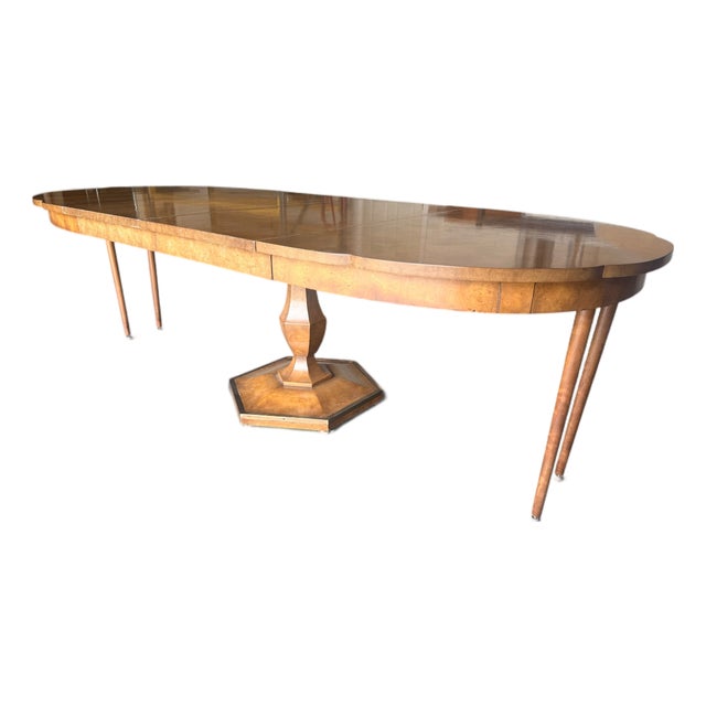 Vintage Mastercraft Olive Ash Burl Expandable Dining Table With Two Leaves, Seats 8–10 For Sale