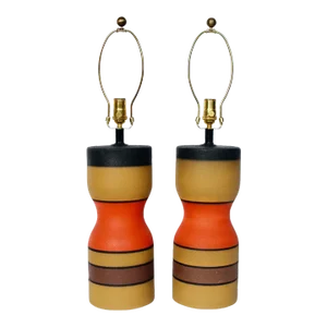 1960s Bruno Gambone Style Mustard, Red & Black Banded Pottery Table Lamps - A Pair