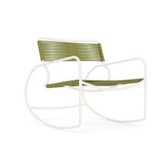 Brown Jordan Walter Lamb Rocking Chair in Chalk with Pistachio Strapping For Sale