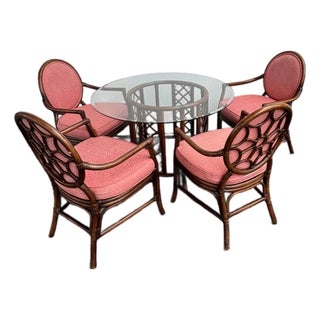 David Francis Attributed, Rattan Dining Set With Coveted “Spider Back” Coastal Design. Leather Bindings, Quality Construction and Coral Damask Fabric. For Sale