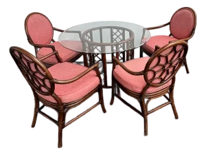 David Francis Attributed, Rattan Dining Set With Coveted “Spider Back” Coastal Design. Leather Bindings, Quality Construction and Coral Damask Fabric.