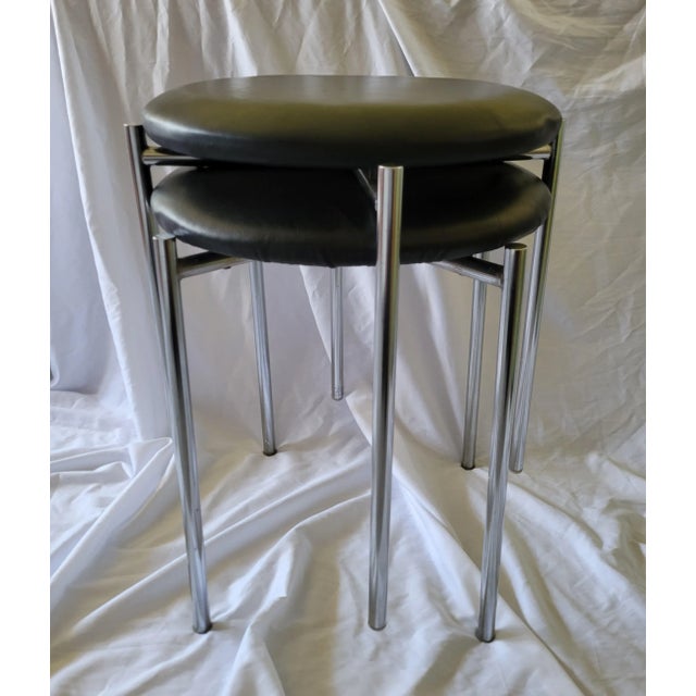 Mid 20th Century Mid 20th Century Vintage Bauhaus Vinyl/Chrome Stacking Cushioned Stools - a Pair For Sale - Image 5 of 12