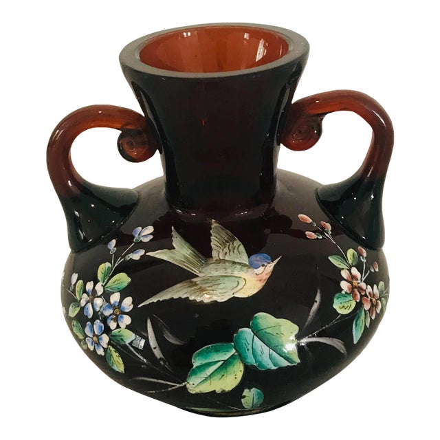 Antique Moser Enamel Glass Vase With Bird For Sale