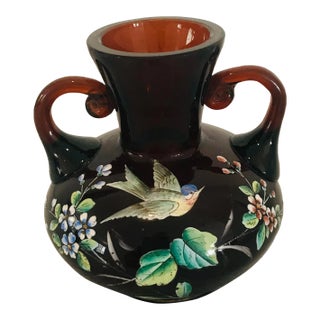 Fabulous Antique Moser Enamel Glass Vase With Bird For Sale