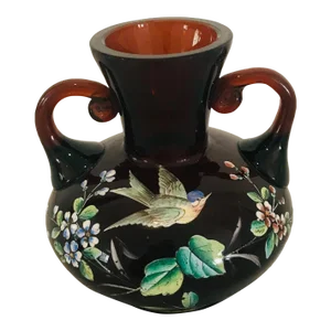 Fabulous Antique Moser Enamel Glass Vase With Bird