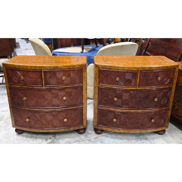 Boho Chic Late 20th Century Pair of Lineage Home Woven Rattan Front and Leather-Clad Bow Front Chest of Drawers For Sale - Image 3 of 18
