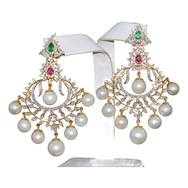 Certified Natural 116CT VS F Diamond Emerald Ruby Pearl 18K Gold 2-IN-1 Earrings, A Pair For Sale