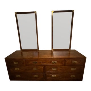 1960s Henredon Campaign Style Bedroom Dresser W/Mirrors For Sale