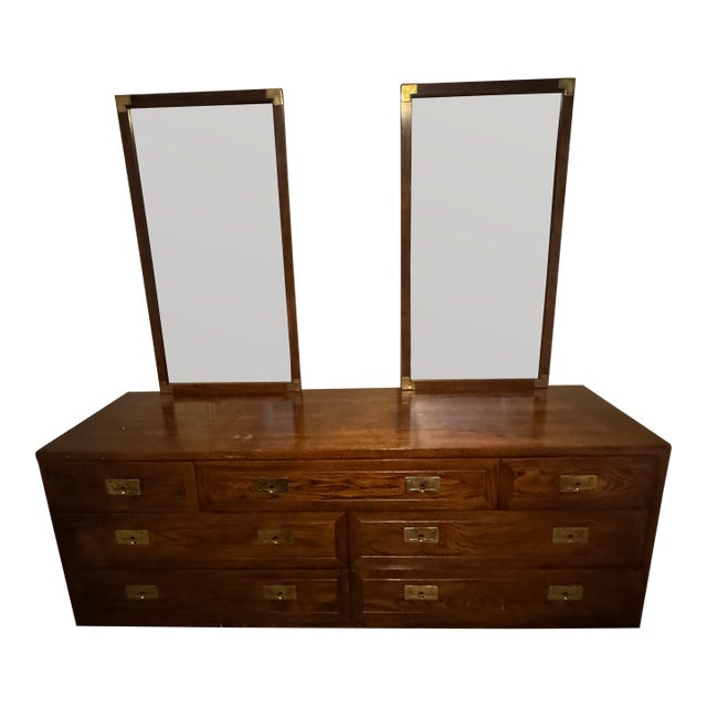 1960s Henredon Campaign Style Bedroom Dresser W/Mirrors For Sale