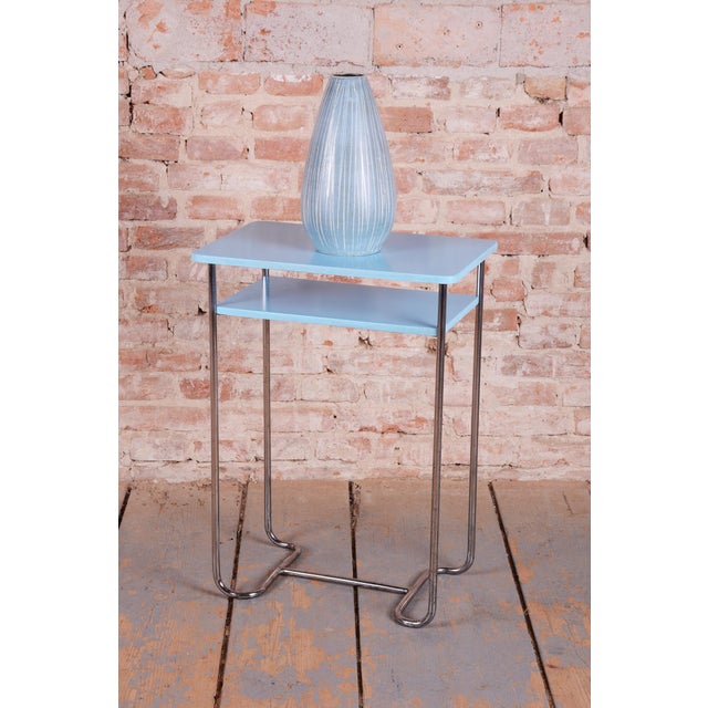 Blue Czech Bauhaus Side Table in Wood and Chrome attributed to Mücke-Melder, 1930s For Sale - Image 8 of 9