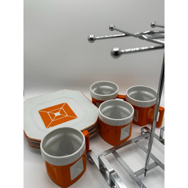 1950s Mid-Century Modern Trend by Nasco Geometric Orange and White Ceramic Mug and Saucer Set - 9 pcs For Sale In Los Angeles - Image 6 of 11